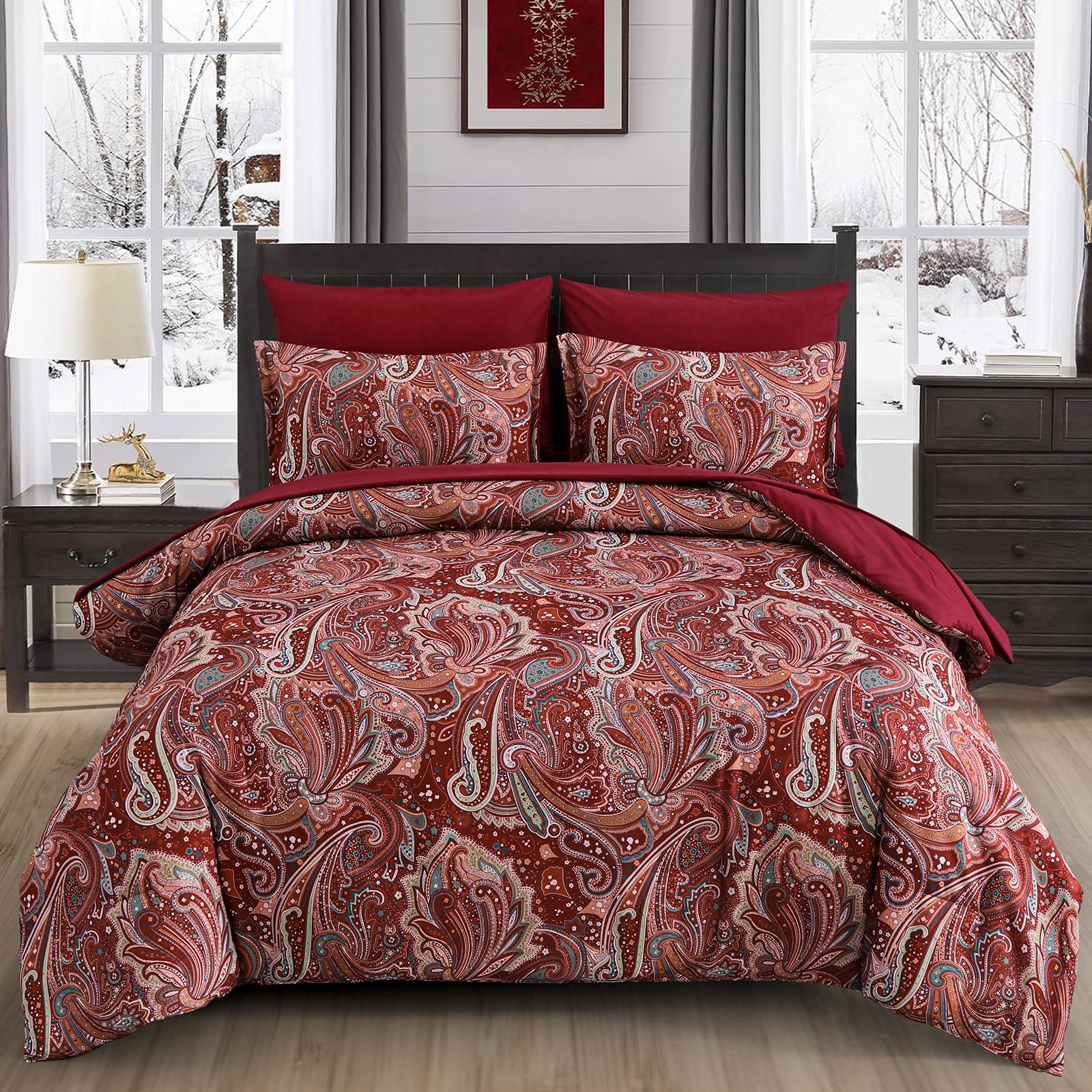 Djy Red Paisley Comforter Set California King Size, 7 Piece Bed In A Bag Boho Paisley Pattern Comforter Set, Soft Lightweight Mi